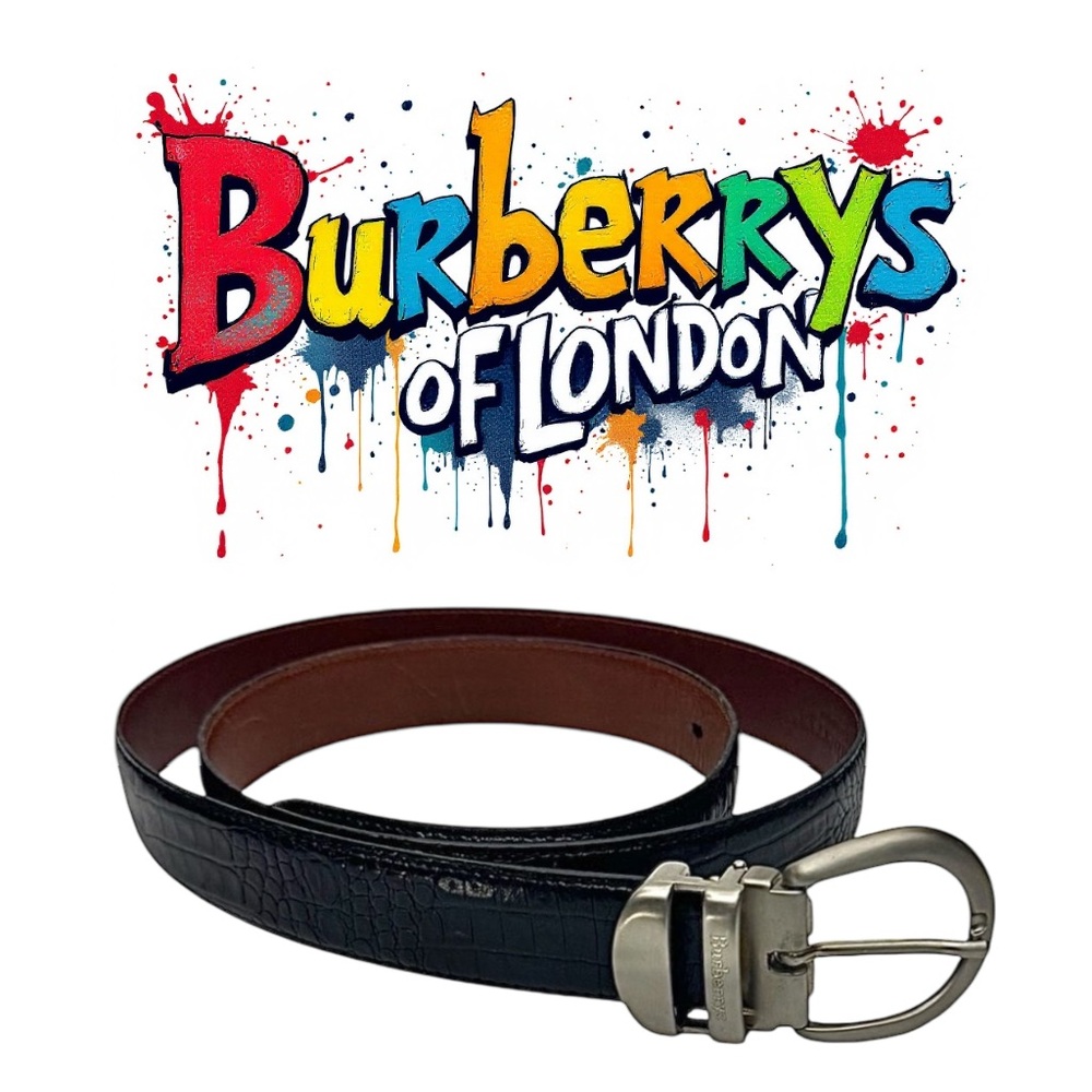 Vintage Burberrys Men’s Belt – Black Croc Print Leather Silver Buckle Size 38